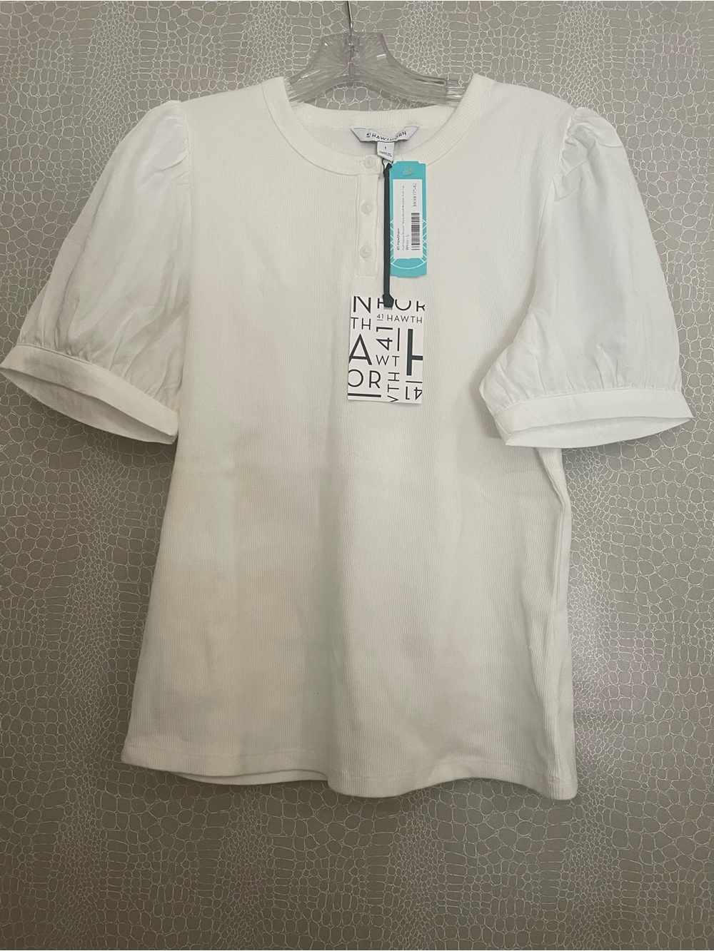 41 Hawthorn Puff Sleeve Mixed Media Crewneck Top in White